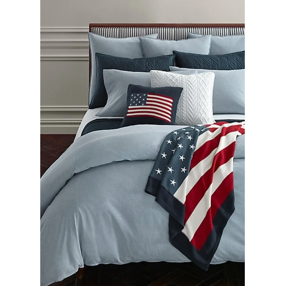 Ralph Lauren Workshirt Chambray King Flat & Extra Deep Fitted Sheet Set Blue NEW